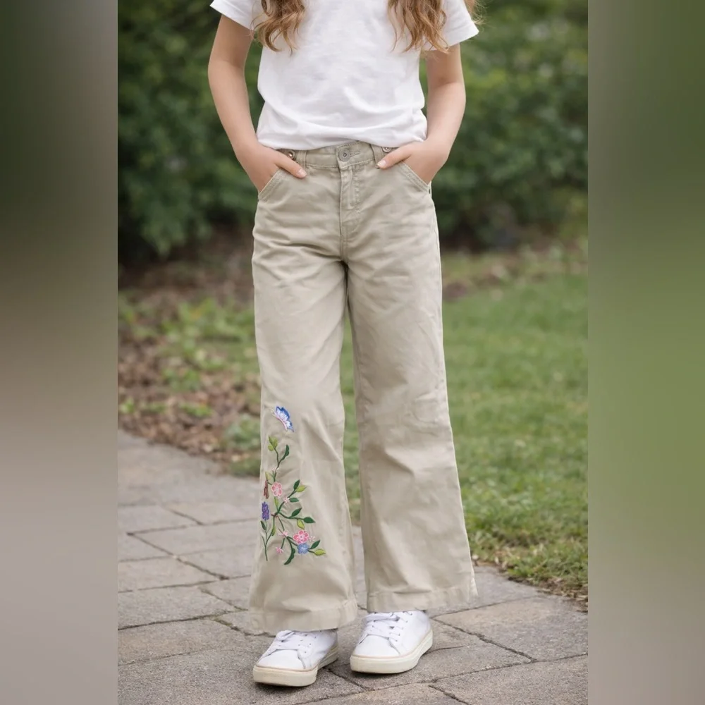 Gap Kids Khaki Embroidered Wide Leg Pants Floral Butterfly Girls XL